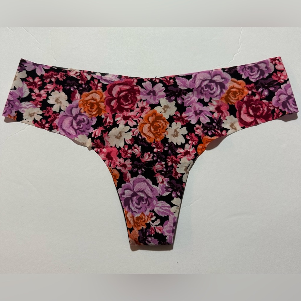 PINK Victoria's Secret Floral Thong - Black with Pink, Purple & Orange Flowers
